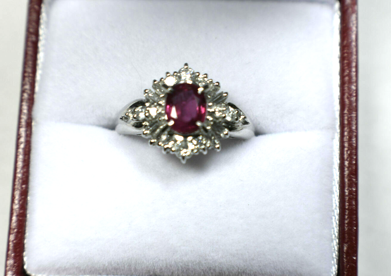 Platinum Pure Red Ruby & Baguette & Round Diamonds Halo Ring 1.40cts Sizable 5.5