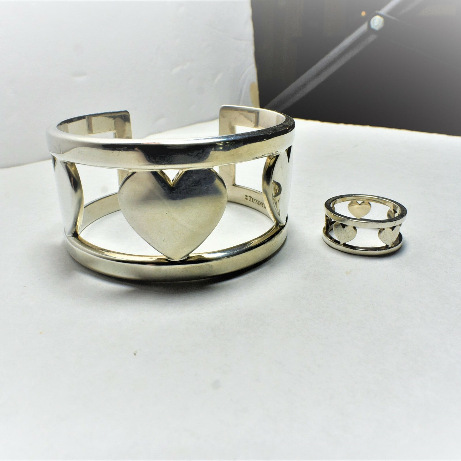Tiffany &Co Silver Stencil Heart Wide Element Cuff Bangle Bracelet w/ Pouch, Box